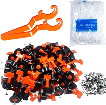Tile Leveling System Kit,50pcs Reusable Tile Leveler Spacers+500pcs 1/12" Cross-shaped Tile Spacers+2pcs Wrench+50pcs 1/16" Replaceable Spare Steel T-Pin,Tools for Wall Floor Tile Adjustment(50)