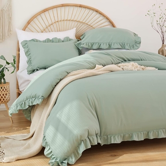 Queen Comforter Set Sage Green 3PCS (1 Ruffled Comforter Set and 2 Pillowcases) Vintage Farmhouse Shabby Chic Bedding Soft Fluffy Comforter Set All Season