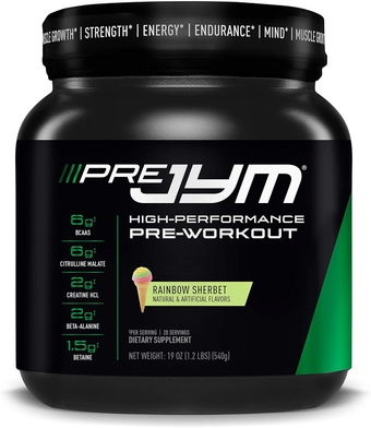 Pre JYM Pre Workout Powder - BCAAs, Creatine HCI, Citrulline Malate, Beta-Alanine, Betaine, and More | JYM Supplement Science | Rainbow Sherbert Flavor, 20 Servings