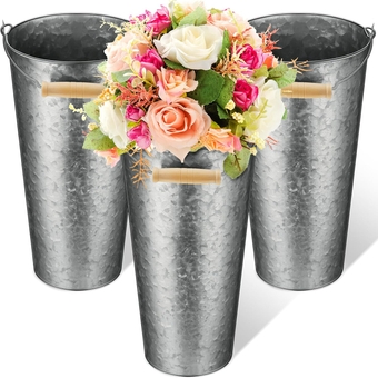 3 Pcs 11 Inch Galvanized Metal Bucket with Handle Flower Vase Farmhouse French Bucket Metal Bucket Planter for Garden Wedding Home Table Centerpiece Party Decorations(3 Pcs)