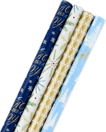 Holiday Wrapping Paper Bundle with Cut Lines on Reverse, Elegant Woodland (Pack of 4, 120 sq. ft. TTL) Peace and Joy, Deer, Pinecones, Snowflakes, Blue, Gold