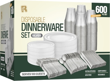 600pcs Plastic Dinnerware Set 100 Guest, Silver Plastic plates for party, Silver Party Plates Sets For 100 Guests, Premium Wedding Plates Disposable Set 100 Guests Includes Plates, Cups, And Cutlery.