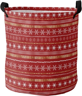 Christmas Laundry Basket, Collapsible Bag with Easy Carry Handles, Small Waterproof Foldable Freestanding Hamper, Folding Washing Bin Clothes Storage Round Boho Red Gold Geometric Stripes Dots