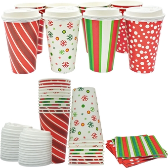Christmas Paper Cups Disposable 16 oz With Lids & Napkins (12 Packs) for Christmas Hot Cocoa Party Supplies, Hot Chocolate Bar
