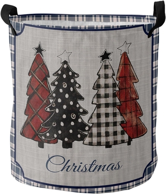Christmas Plaid Tree Laundry Basket, Collapsible Bag with Easy Carry Handles, Small Waterproof Foldable Freestanding Hamper, Folding Washing Bin Clothes Storage Round Farmhouse Plaid Boho Dot