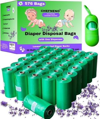 Baby Diaper Bag Disposable Biodegradable Lavender Scented 32 Refill Rolls with Dispenser (576 Sacks) Diaper Sack Disposable Dog Poop Cat Litter Poop Bags Sanitary Pad Waste Bags (Scented, 576 Bags)