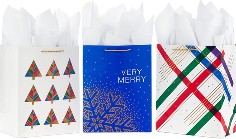 13" Large Christmas Gift Bags with Tissue Paper (3 Bags: Modern Trees, Gold Snowflake, Abstract Stripes) in Blue, Red, Green, White, Gold