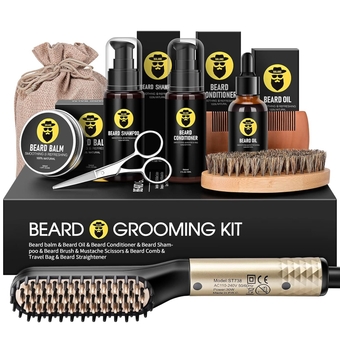 Beard Growth Kit, Beard Kit, Beard Growth Oil, Beard Straightener, Beard Wash Shampoo, Conditioner, Balm, Wax, Comb, Brush, Scissor, Bag, Gifts for Men Him Dad Boyfriend