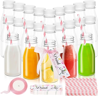25 Set 8 oz Plastic Milk Bottles with Straws and Lids with Drink Me Tags and Ribbon for Tea Party Wedding Favor Baby Shower Drink