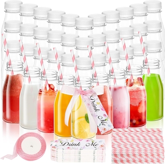 8 oz Plastic Milk Bottles with Straws and Lids with Drink Me Tags and Ribbon for Tea Party Wedding Favor Baby Shower Drink(50 Set)