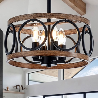 4-Light Farmhouse Drum Pendant Light 12.59" Retro Matte Black Hanging Light Fixtures for Dining Room,Bedroom, Wood Grain Rustic Chandelier