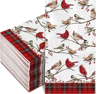 100 Pack Christmas Guest Napkins Disposable Robin Bird Branch Paper Napkins Xmas Winter Plaid Dinner Hand Napkin for Christmas Winter Holiday Party Supplies, 15.7 x 13 Inch