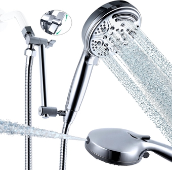 High Pressure 9 Functions shower heads with handheld spray, Hand Held Shower Head Built-in Power Wash Mode,6 Inch Adjustable Extension Arm with Holder, 71 Inches Stainless Steel Hose
