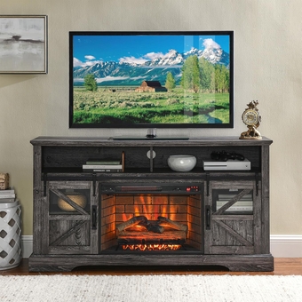 Electric Fireplace TV Stand with Mantel, Farmhouse Entertainment Center with 27'' Electric Fireplace, Rustic Media Console w/Sliding Barn Door for Living Room, Dark Rustic Oak
