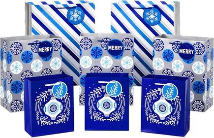 Holiday Gift Bag Assortment, Blue and Silver (Pack of 8 Gift Bags; 3 Small 6", 3 Medium 9", 2 Large 13") Ornaments, Snowflakes, Stripes