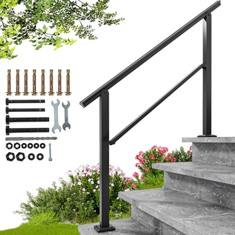 Handrails for Outdoor Steps, 4-5 Step Stair Railing Outdoor 52" Length Black, Porch Wrought Iron Railing Adjustable Angle Safety Handrails for Balconies, Parks, Residential Steps (1 Pack)