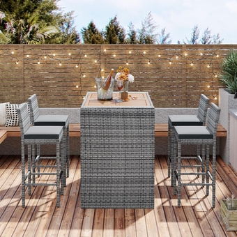 Outdoor Bar Set Wicker Patio Furniture 5 Piece Patio Bar Table Set Chairs Wicker Outdoor Romantic Dining Table, Wood Table+4 Stools for Lawn Pool Backyard Garden