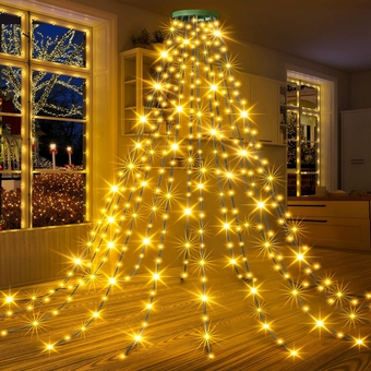 Christmas Tree Lights with Ring, 9.84FT x16 Lines 480LED Christmas Tree Waterfall String Lights with 8 Modes Timer Waterproof Xmas Tree Fairy Lights Indoor Outdoor for Xmas Tree Decoration-Warm White