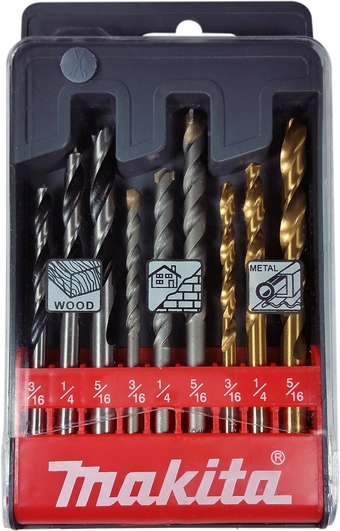 9 Piece - 3-in-1 Drill Bit Set for Drills - Precise Drilling for Masonry-Concrete, Wood & Metal - Tungsten Carbide, Brad Point & HSS-Tin Bits