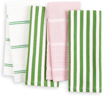 Botanical Stripe Kitchen Towels 4-Pack Set, Absorbent 100% Cotton, Green/Pink, 17"x28"
