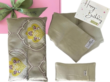 Birthday Gift Set - 3 Piece - Lavender Heating Pad, Linen Neck Wrap & Linen Eye Pillow - Luxury Birthday Gift Set for Women - Unique Women's Gift Basket - Card for Personalized Message