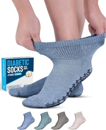 Diabetic Socks with Grips for Women and Men - 4 Pair | Green , Gray , Blue , Tan | Diabetic Ankle Socks | Gripper Socks | Neuropathy socks | Slipper Socks | Hospital Socks | Pregnancy Socks
