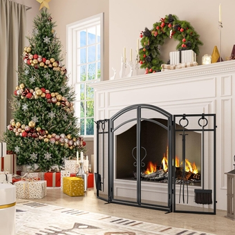 49.6x33.07in 3-Panel Folding Fireplace Screen Arched with Magnetic Hinged Door, 4-Piece Fire Place Tool Set Steel Fire Spark Guard, Solid Wrought Iron Panels Stove Accessories (Black)
