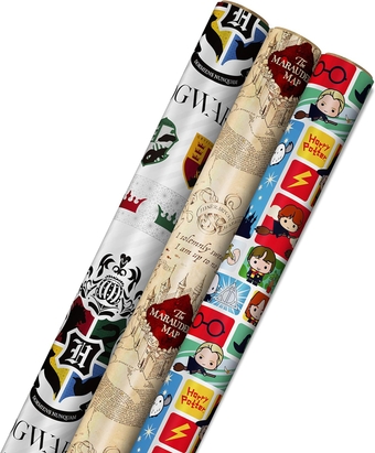 Harry Potter Wrapping Paper with Cut Lines on Reverse (3-Pack: 60 sq. ft. ttl; Marauder's Map, Hogwarts Crest) for Birthdays, Graduations, Christmas, Valentine's Day