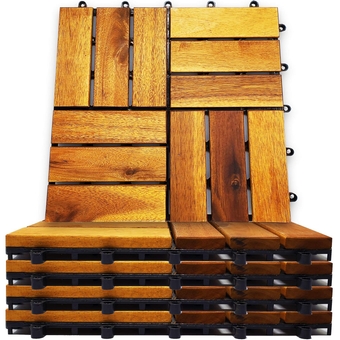24 Pack Interlocking Deck Tiles - Snap Together Wood Flooring | 12 x 12 Acacia Hardwood Outdoor Flooring for Patio | Floor Decking Tile - Balcony Flooring Outside Backyard Decor, Wooden Patio Pavers