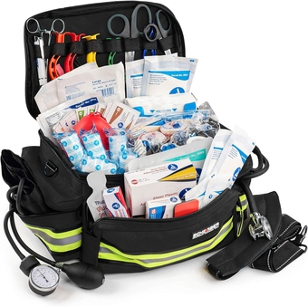 First Responder Fully-Stocked Professional Essentials EMT/EMS Trauma Kit | HSA/FSA Approved | Reflective Bag w/8 Zippered Pockets & Compartments & 200+ First Aid Supplies - Black