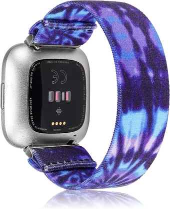 Elastic Band Compatible with Fitbit Versa/Versa 2 Scrunchie Bands Fabric Nylon Sport Stretchy Strap Fashion Versa Lite Special Edition Wristband Women Men (Tie Dye Blue Purple, Large)