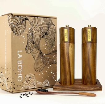 WOODEN SALT & PEPPER GRINDER SET Premium Solid Acacia Wood with Ceramic/Stainless Steel Core, Refillable and Adjustable Coarseness, ECO-friendly | 8 Inches, [Set of 2] + spoon and tray