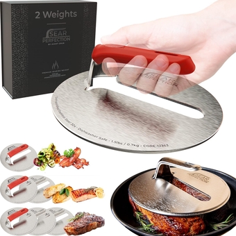 2x Sear Perfection Stackable Steak Weight (3.0lb Total). Chef-Grade Stainless Steel Round Stacking Grill Press for Meat, Bacon, Burgers. Great Gift for Dad or Griddle, Skillet, or Flat Top Enthusiast