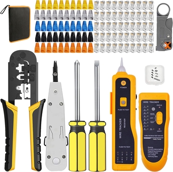 TAIWAIN CAT6 Network Crimp Tool Repair Set CAT5 Crimper with RJ45 Connectors for RJ11/RJ12, Network Crimping Wire Stripper Kit with 50PCS Covers, Professional Punch down Cutter(Azure)
