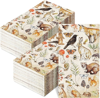 AnyDesign 100Pcs Vintage Animal Paper Guest Napkins Rabbit Mushroom Butterfly Bathroom Napkins Retro Disposable Hand Towel Napkin for Home Holiday Party Supplies