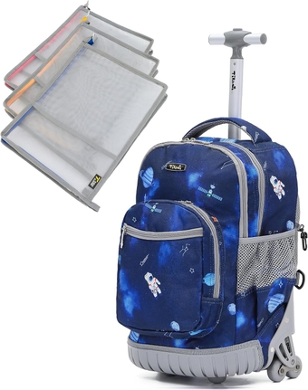 Rolling Backpack for kids with Zipper Mesh Pouch Adjustable Laptop Backpack with Wheels for Girls to School Travel Camping Boys Rolling Backpack Meteorite Blue 18 Inch