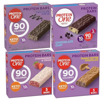 Protein One 90 Calorie Keto Friendly Bars Variety 4 Pack, Chocolate Fudge, Peanut Butter Chocolate, Chocolate Chip, Strawberries and Cream Simplycomplete Bundle for Gym, workout meal