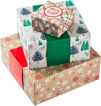 Assorted Size Gift Boxes with Wrap Bands for Christmas (3 Boxes: Kraft Brown, Red, Green, Merry and Bright, Happy Holidays) Rustic Snowflakes, Plaid, Trees, Holly