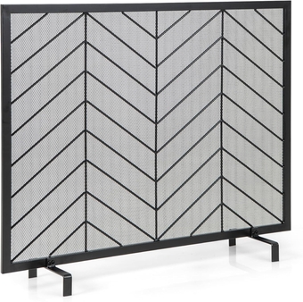Single Panel Fireplace Screen, 38.5x31-in Handcrafted Wrought Iron Mesh Chevron Fire Spark Guard with Detachable Support Feet, Metal Fame, Fireplace Cover for Living Room, Bedroom Décor, Black