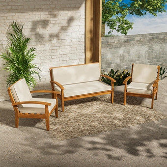 Laurent 3 Piece Acacia Wood Patio Furniture Set, 1 Outdoor Loveseats + 2 Outdoor Club Chairs, Teak Finish Wooden Patio Furniture Set with 3.9in Thick Soft Cushions for Porch Patio Garden