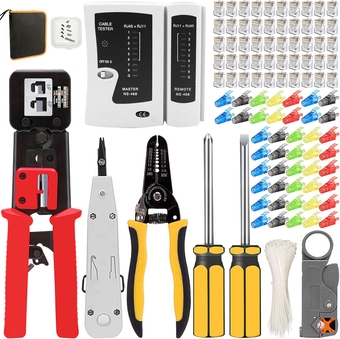 TAIWAIN CAT5 Network Crimping Pass Through Kit CAT6 RJ45 Crimper Ethernet Maintenance Wire Stripper Cable Tester Tool, RJ11/RJ12 Cable Crimp Stripper, Professional LAN Repair Cutter Set(Rose Red)