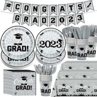172PCS Gray Black Graduation Party Supplies for 24, Disposable Class of 2023 Congrats Grad Tableware Set-Congrats Grad Paper Dinner Plates, Dessert Plates,Cups,Napkins, Cutlery,Tablecloths, Banner