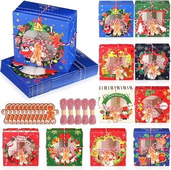 100 Set Christmas Cookie Gift Boxes, Christmas Kraft Treat Boxes with Window, 10 Designs Holiday Food Boxes for Gift Giving, Xmas Boxes with Rope, Gingerbread Man Card Party Favors (Snowman)