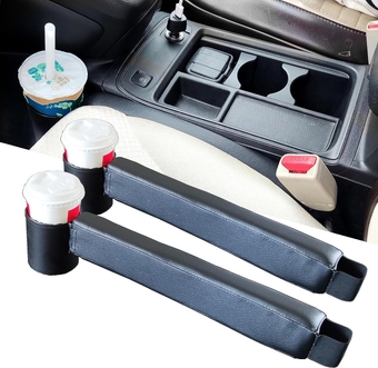 Leather Seat Gap Filler with Cup Holder, Storage Organizer for Cars Between Seat and Console Fill The Crevice to Stop Goods Dropping Black 2pcs