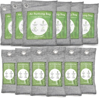 12 Pack Bamboo Air Purifying Bag, Activated Charcoal Bags Odor Absorber, Moisture Absorber, Natural Car Air Freshener, Shoe Deodorizer, Odor Eliminators For Home, Pet, Closet (6x50g, 6x150g)