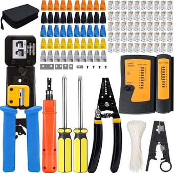 TAIWAIN CAT5/CAT6 Crimp Network Tool Kit, RJ45/RJ12/RJ11 Professional Repair Wire Stripping Crimping Tool, Lan Cable Tester, Ethernet Crimper Kit, Cat5 Pass Through Connectors(Sky Blue)