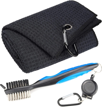 Microfiber Waffle Pattern Tri-fold Golf Towel | Brush Tool Kit with Club Groove Cleaner, Retractable Extension Cord and Clip