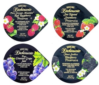 Dickinson's Variety Pack 4 Flavors of Jam and Preserves 80 Count, 20 of Each Flavor Single Serve Jam, Single Serve Preserves Individual Jams and Jellies (0.5 Ounce Each)