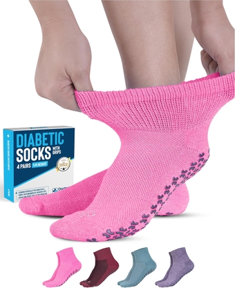 Diabetic Socks with Grips for Women and Men - 4 Pair | Pink, Green, Red, Purple | Slipper Socks with Grippers for Women | Grippy Socks for Women | Diabetic Socks for Women Size 9-11