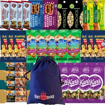 Ultimate Healthy Snacks Care Package ( 30 Count ) - Bars & Nuts Variety- Christmas Gift Bag Bundle Present - Kids Adults Boys Girls College Student Men Women Office - Comes with Reusable Gift Bag